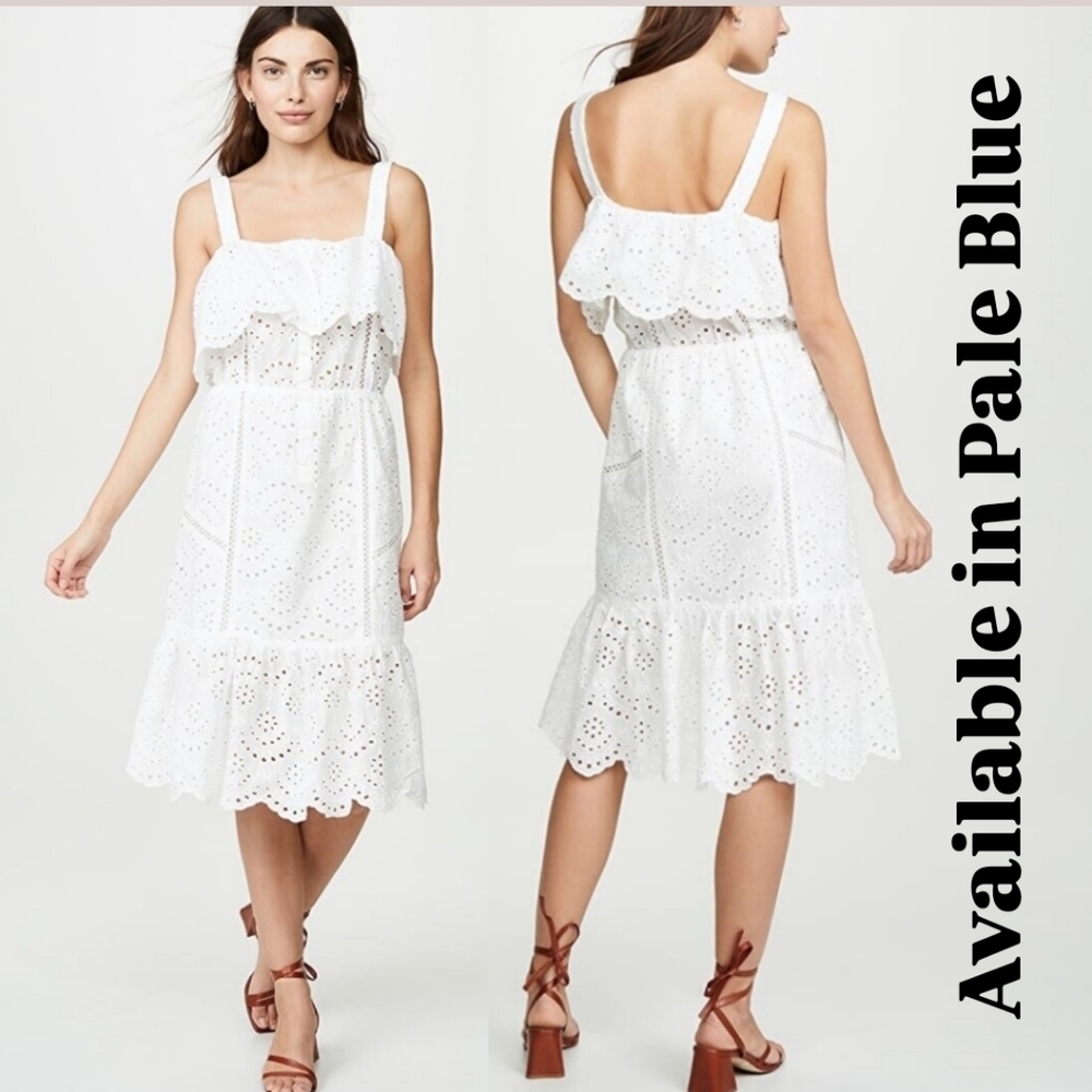 NWT 7 For All Mankind Eyelet Scalloped Tiered Midi Dress in Pale Blue Size Small - Picture 1 of 10